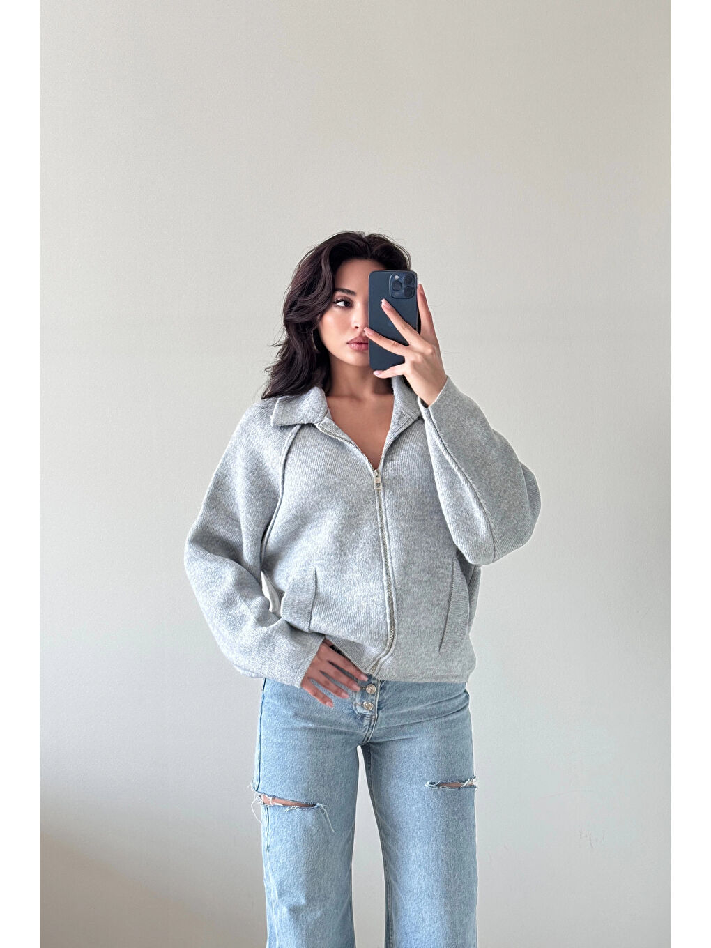 Kadın Gri Fermuarlı Oversize Hırka 1014-2381-5