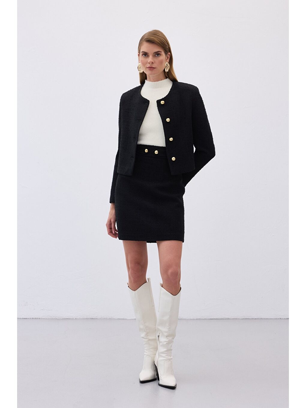 Düğme Detaylı Mini Tüvit Etek - Siyah-3