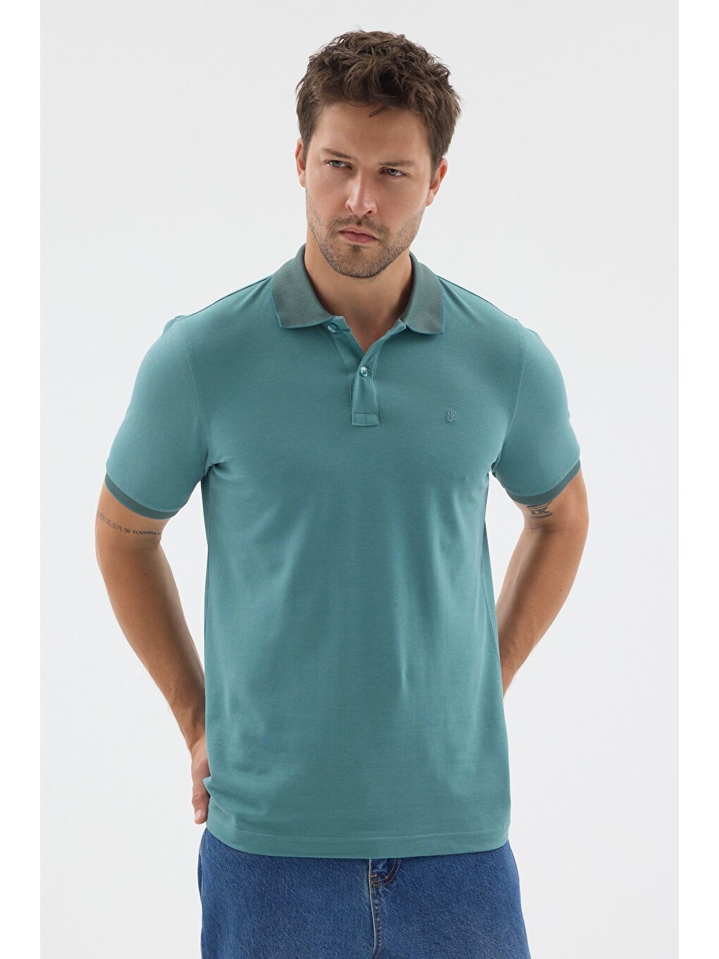 Yeşil Polo Yaka Pike Kısa Kol Slim Fit %100 Pamuk Tişört 1011260171-2