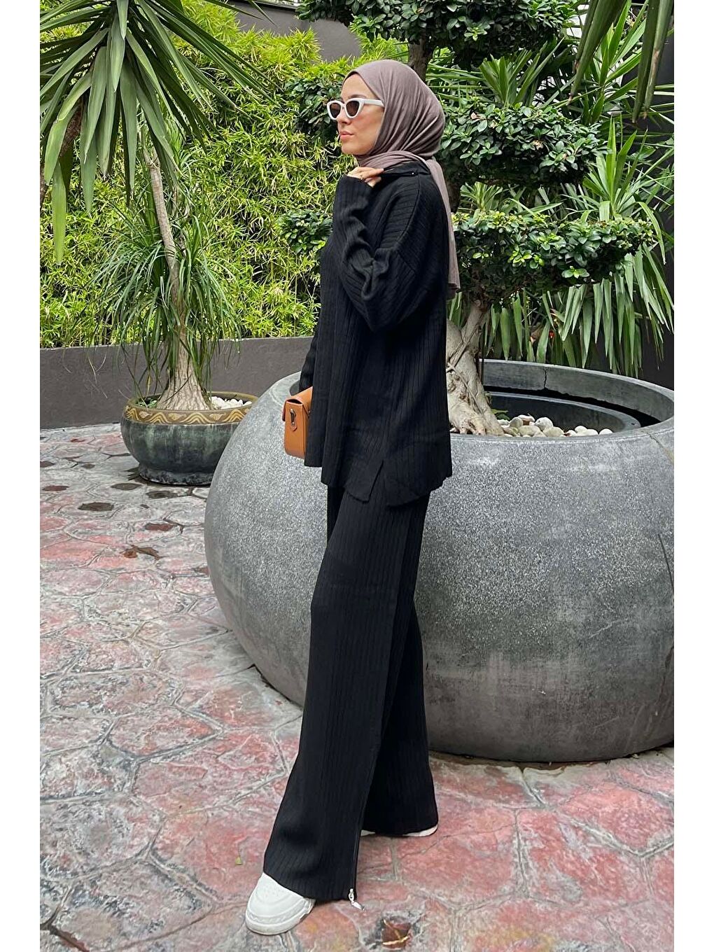 Fermuar Detaylı Pantolon Tesettür Takım Siyah-1