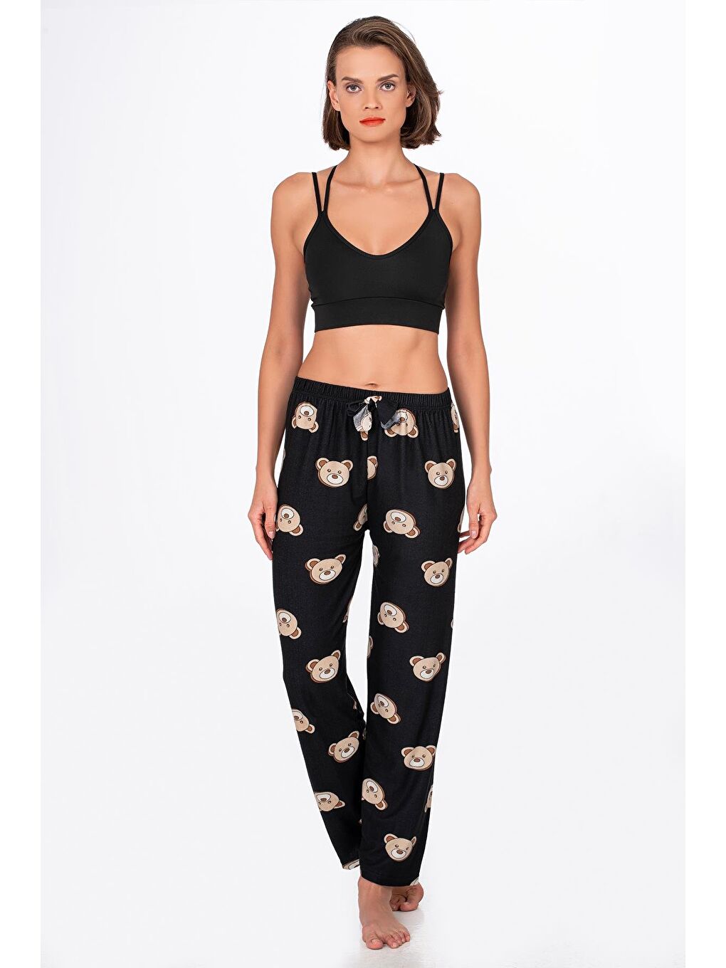 Siyah Kadın Süet Ayıcık Desenli Pijama Tek Alt