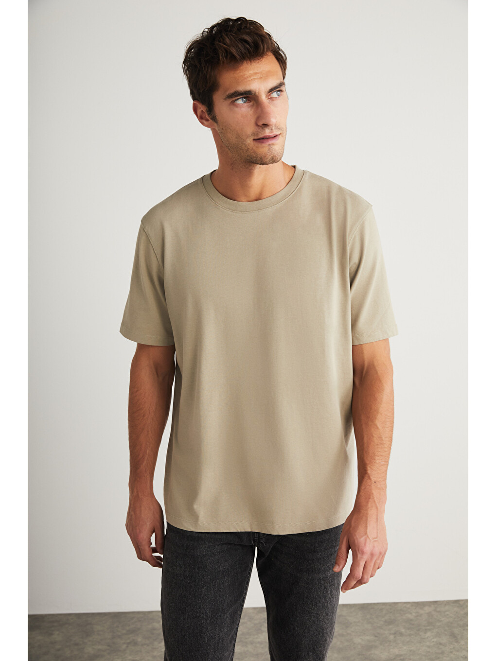 Blas Erkek Basic Oversize %100 Pamuklu Organik Pamuklu Örme Bisiklet Yaka Bej T-shirt-3