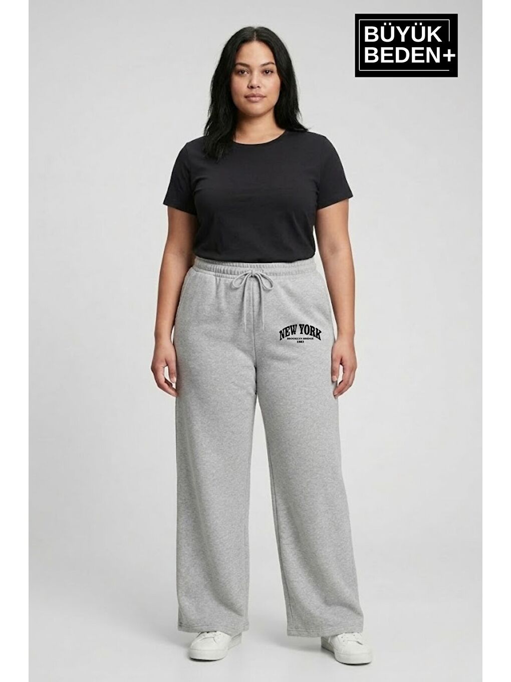 Gri Kadın Büyük Beden Bol Paça Yüksek Bel Lastikli NewYork Baskılı Eşofman Altı SPR26BEA988-5