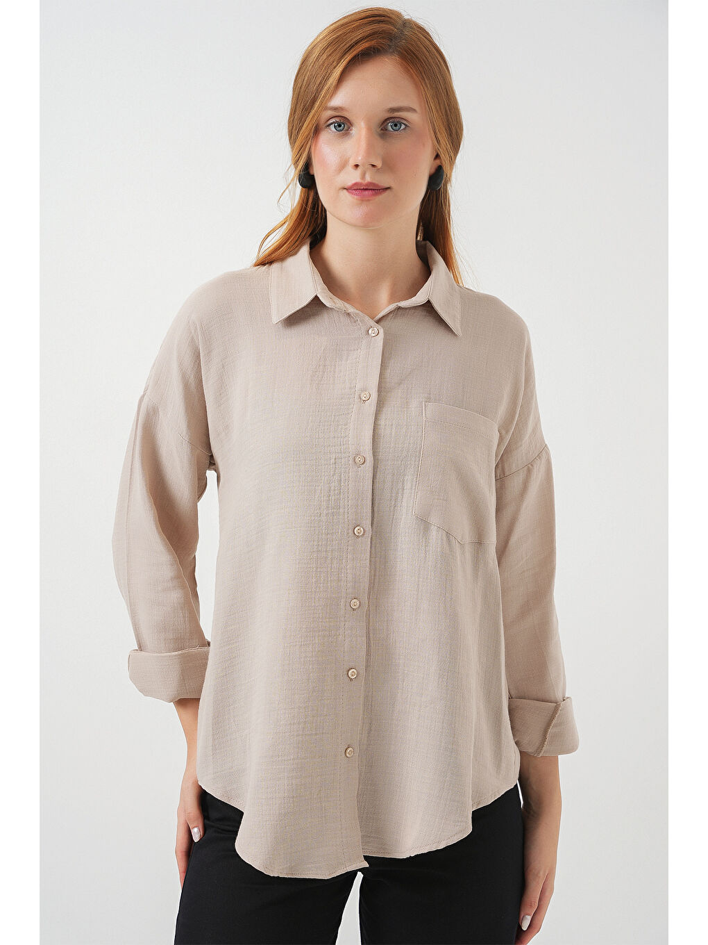 Kadın Tek Cepli Oversize Müslin Gömlek 20353 - Bej-4