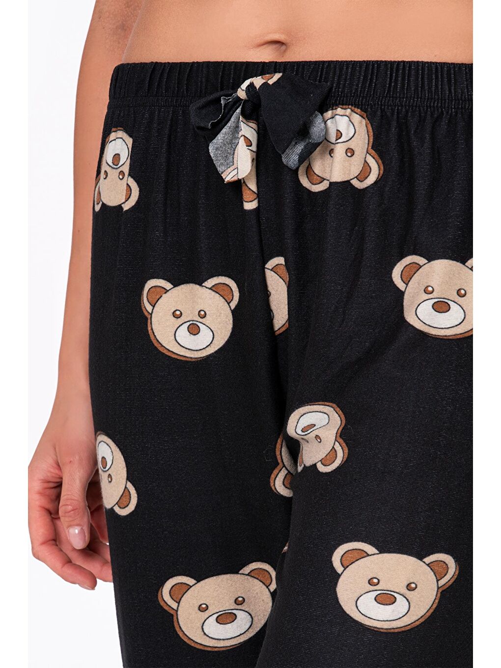 Siyah Kadın Süet Ayıcık Desenli Pijama Tek Alt-1