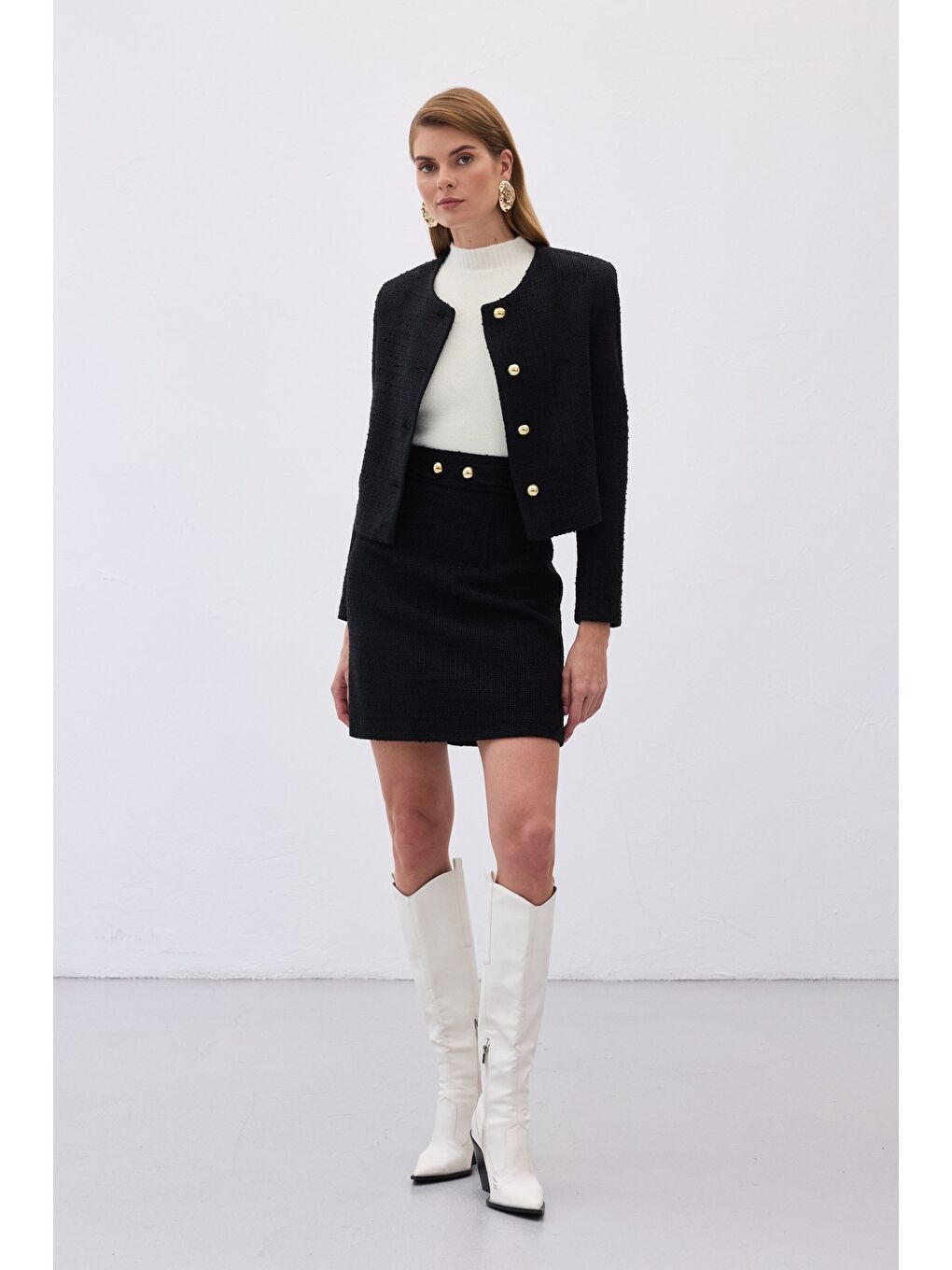 Düğme Detaylı Mini Tüvit Etek - Siyah-4