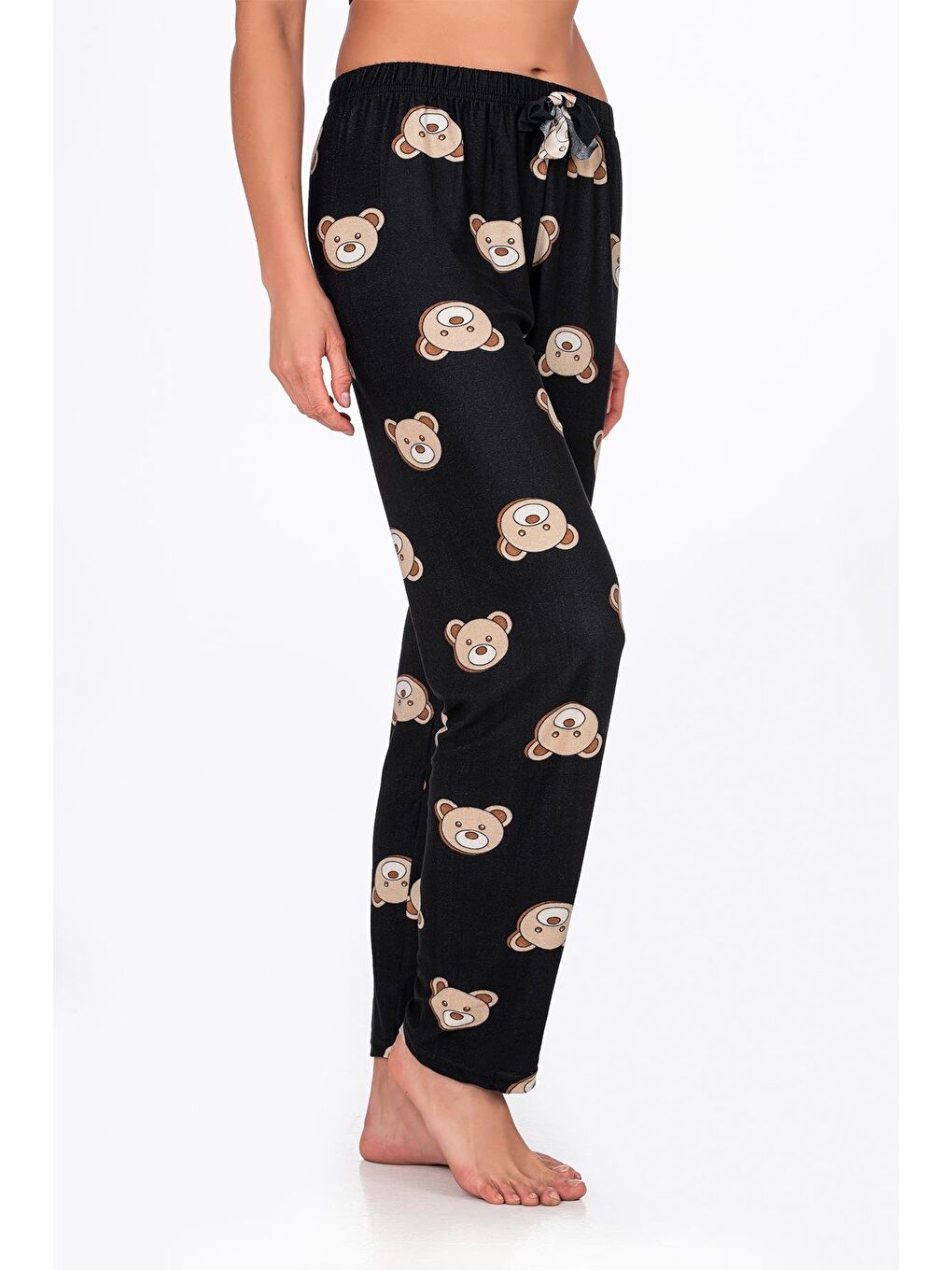 Siyah Kadın Süet Ayıcık Desenli Pijama Tek Alt-3