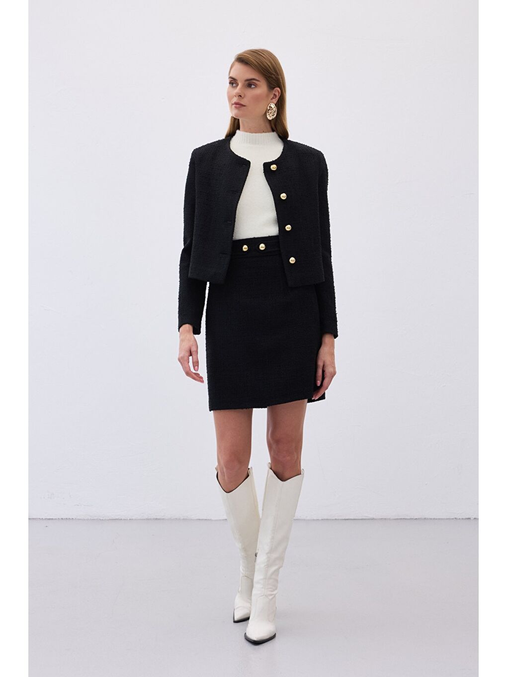 Düğme Detaylı Mini Tüvit Etek - Siyah-5