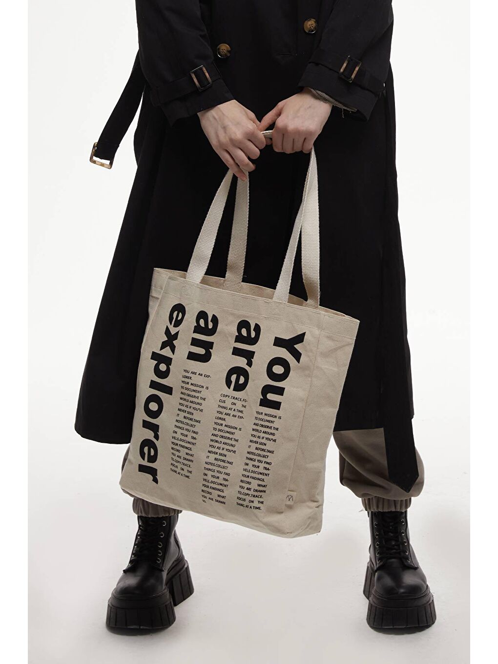 Ekru Baskılı Körüklü Bez Çanta Explorer-1