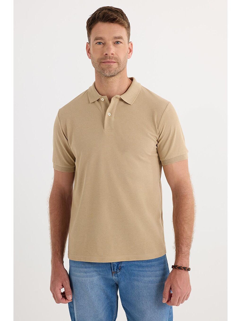 Erkek Slim Fit Dar Kesim Pamuklu Yumuşak Dokulu Serin Tutan Kumaş Düz Pike Bej Polo Yaka Tişört-1