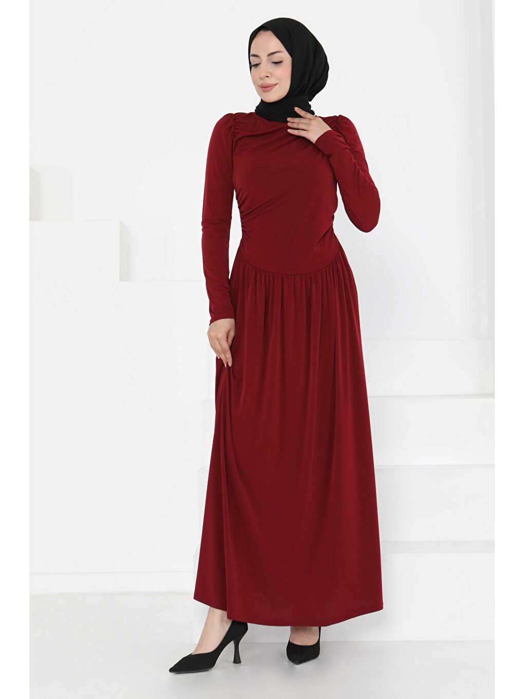 Büzgülü Elbise Bordo - 27254