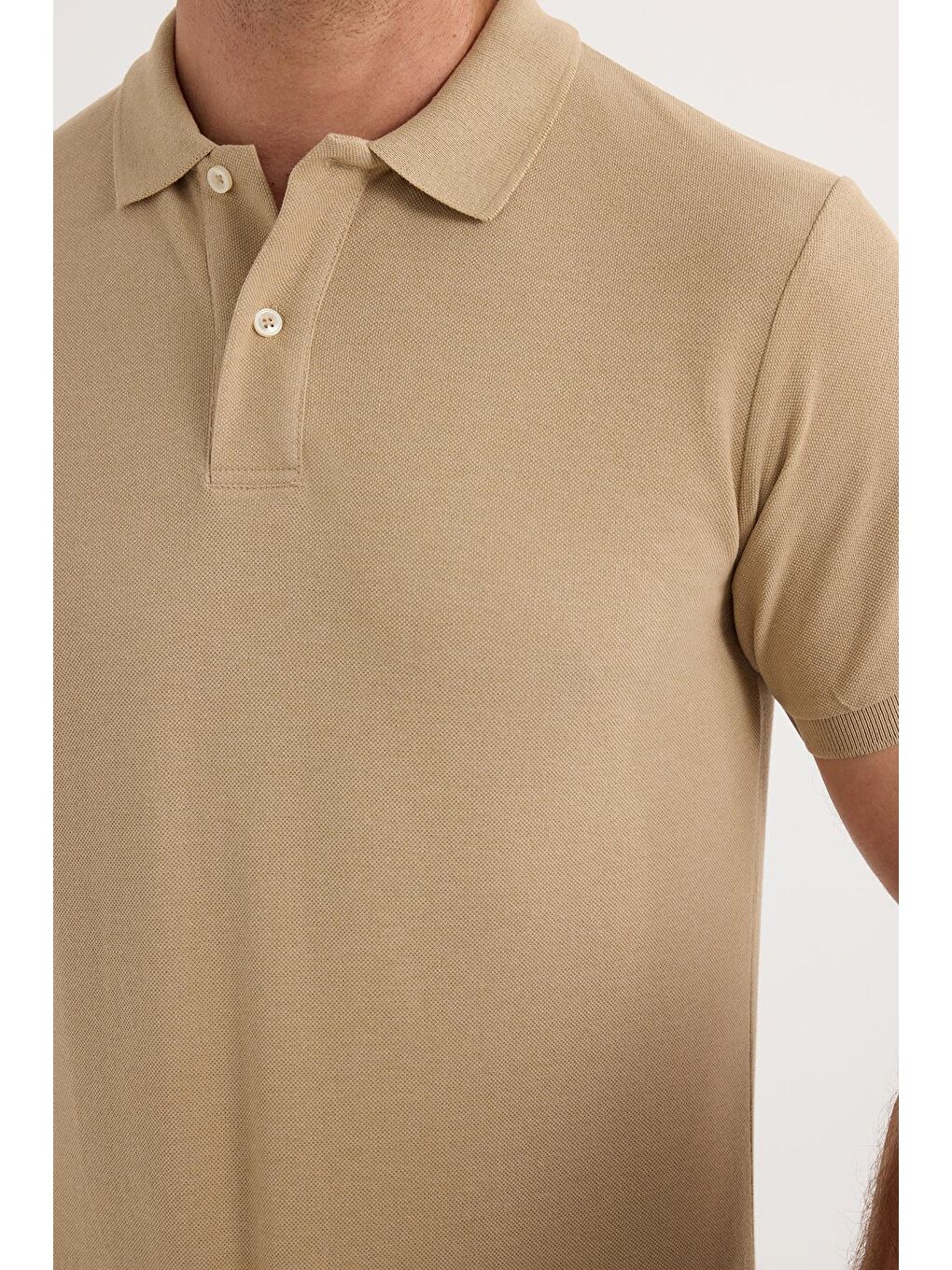 Erkek Slim Fit Dar Kesim Pamuklu Yumuşak Dokulu Serin Tutan Kumaş Düz Pike Bej Polo Yaka Tişört-2