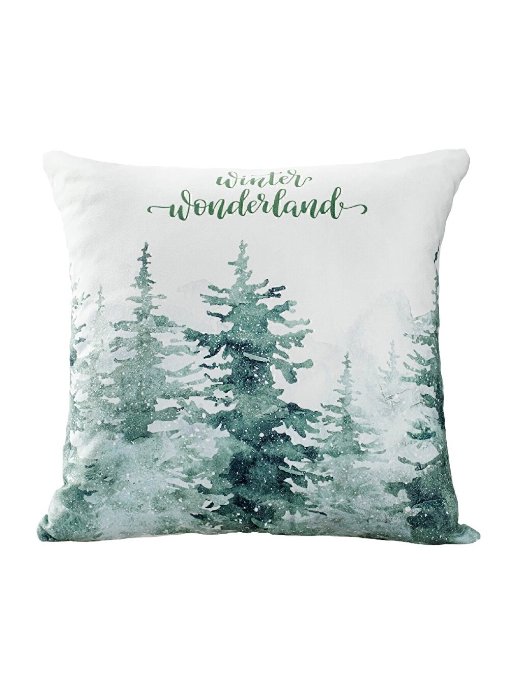 Yılbaşı Temalı Yeşil "Winter Wonderland" Çam Ağacı Desenli Kırlent Kılıfı - Beyaz 43x43-1