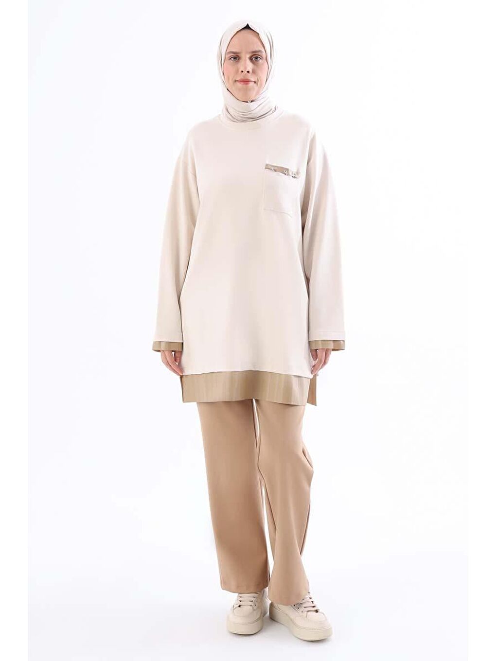 Açık Bej-Deri Detaylı Tunik-1