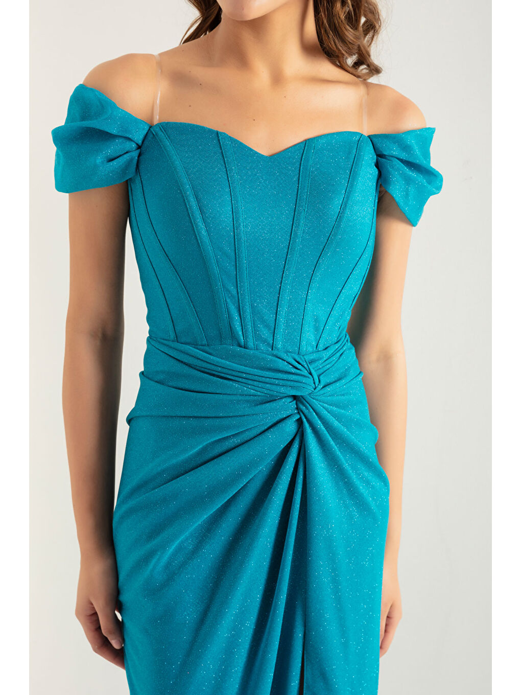 Kadın Turkuaz Kruvaze Astarlı Korse Detaylı Uzun Simli Abiye-3