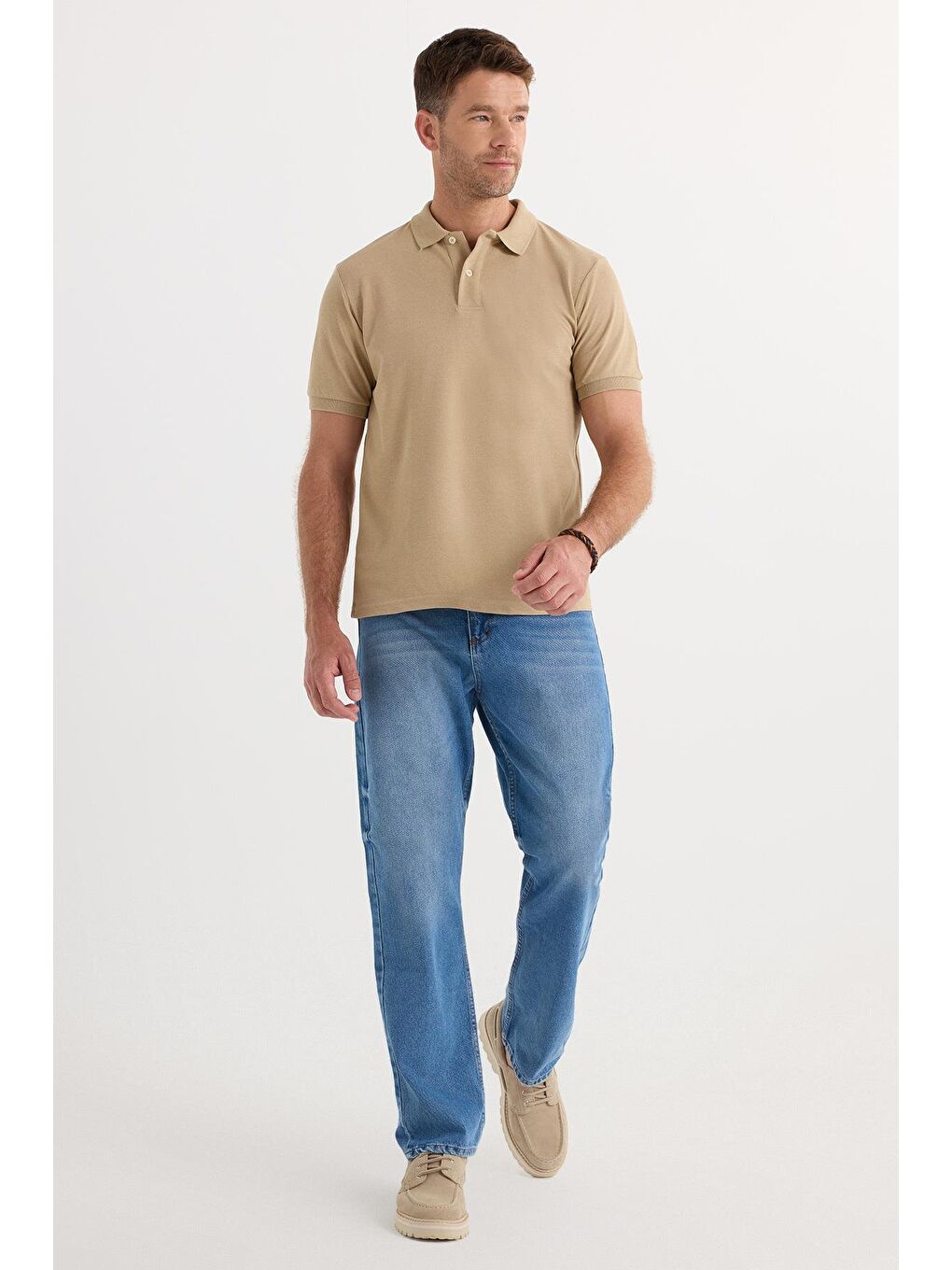 Erkek Slim Fit Dar Kesim Pamuklu Yumuşak Dokulu Serin Tutan Kumaş Düz Pike Bej Polo Yaka Tişört-3