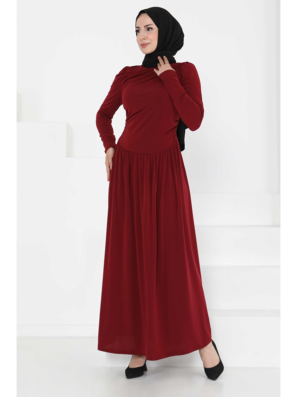 Büzgülü Elbise Bordo - 27254-1