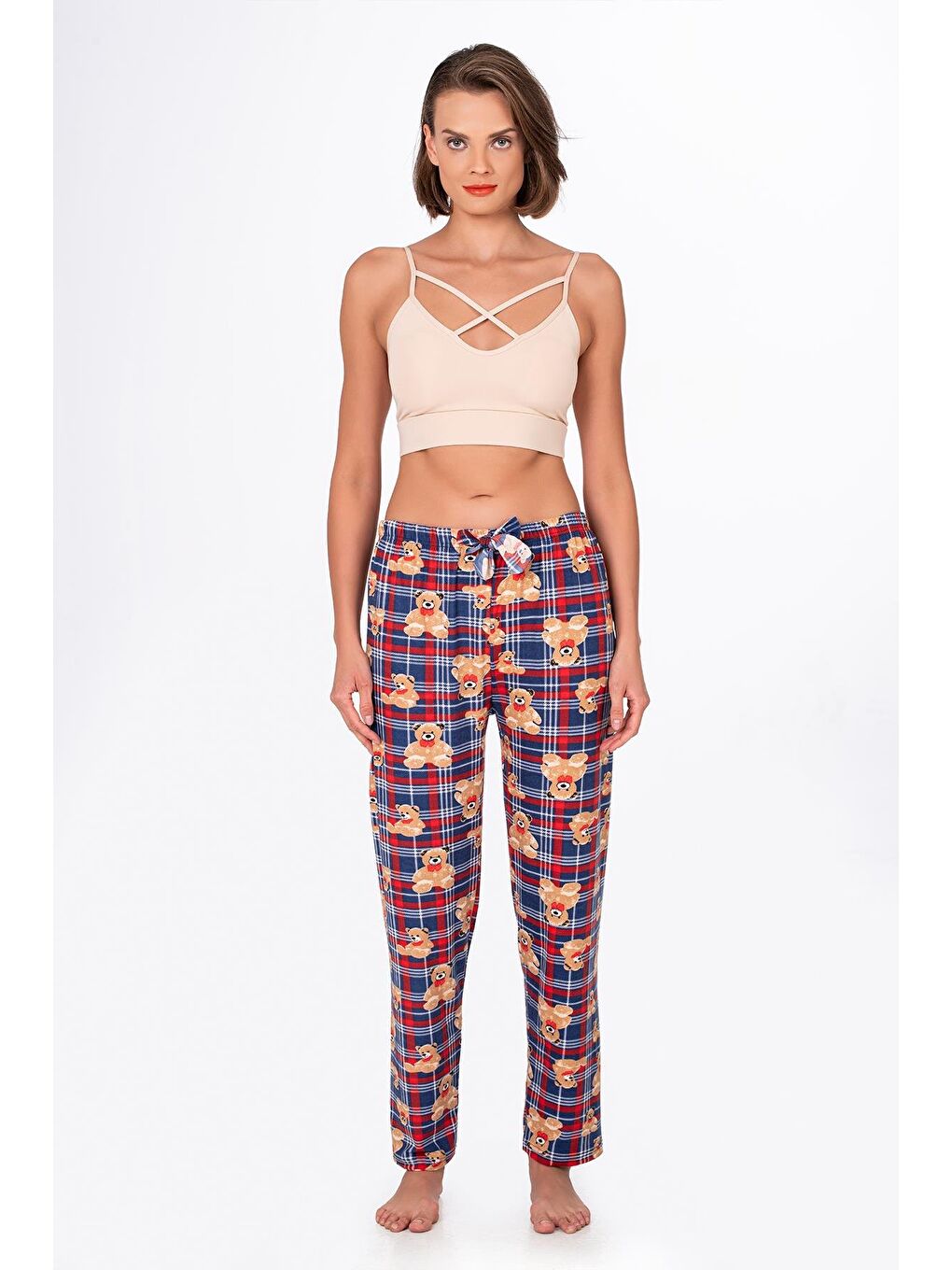 Lacivert Kadın Süet Kareli Ayıcık Desenli Pijama Tek Alt