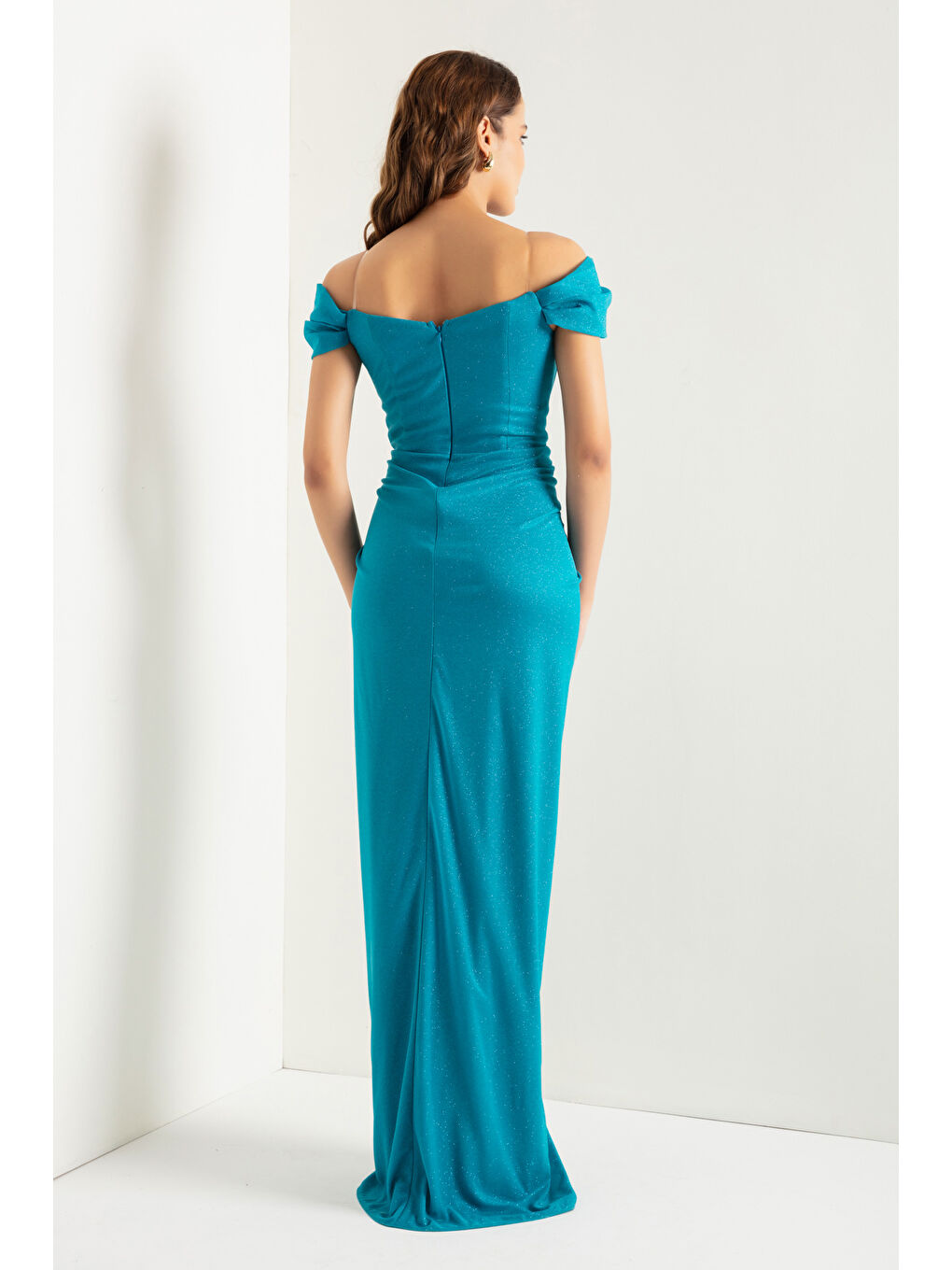 Kadın Turkuaz Kruvaze Astarlı Korse Detaylı Uzun Simli Abiye-4