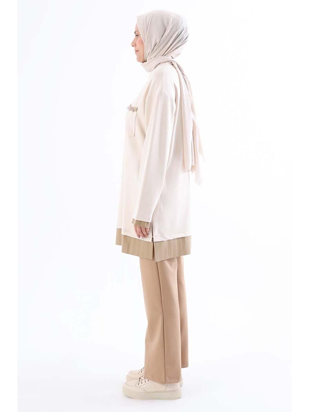 Açık Bej-Deri Detaylı Tunik-2