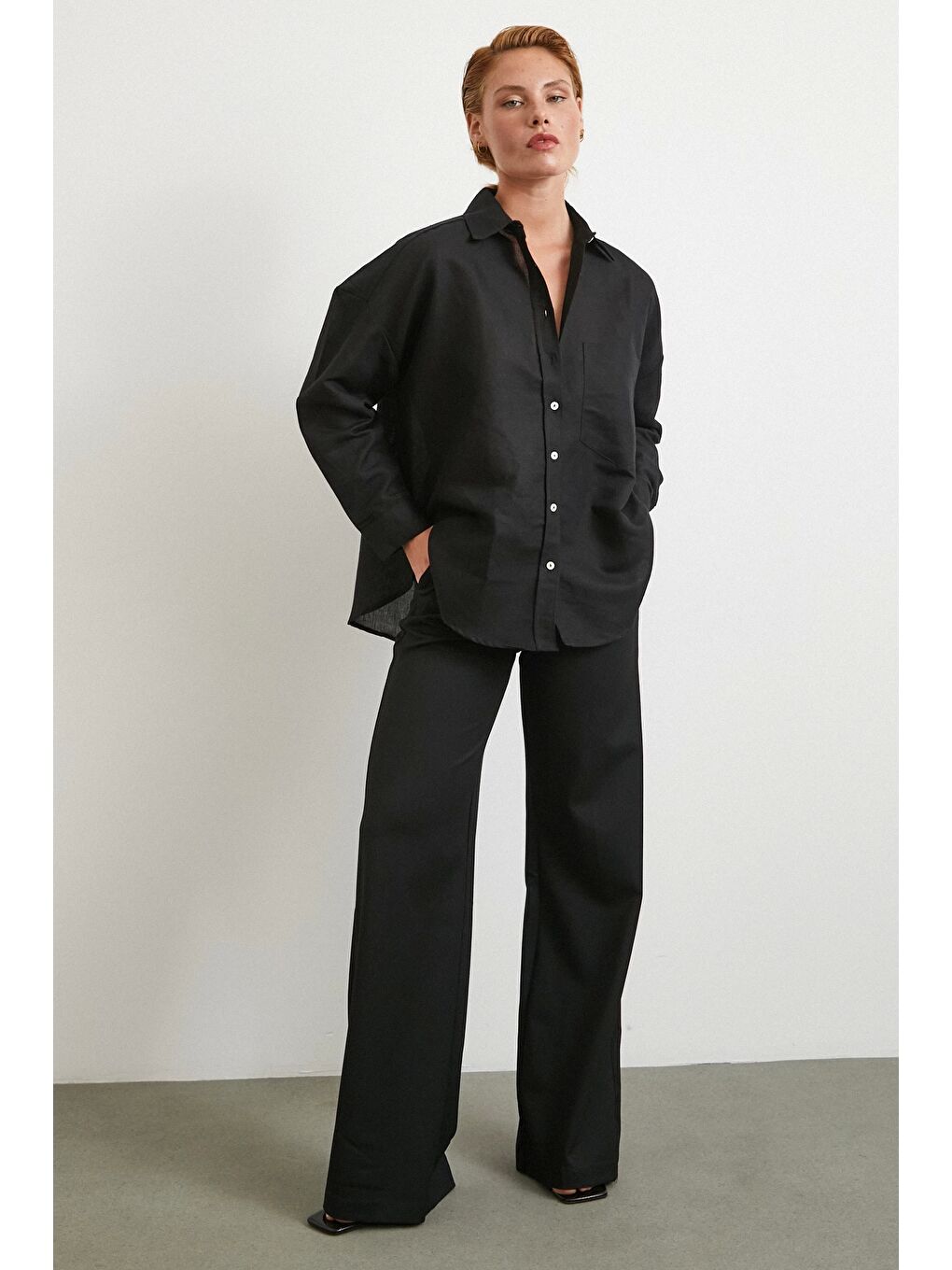 Cepli Oversize Keten Gömlek Siyah-1