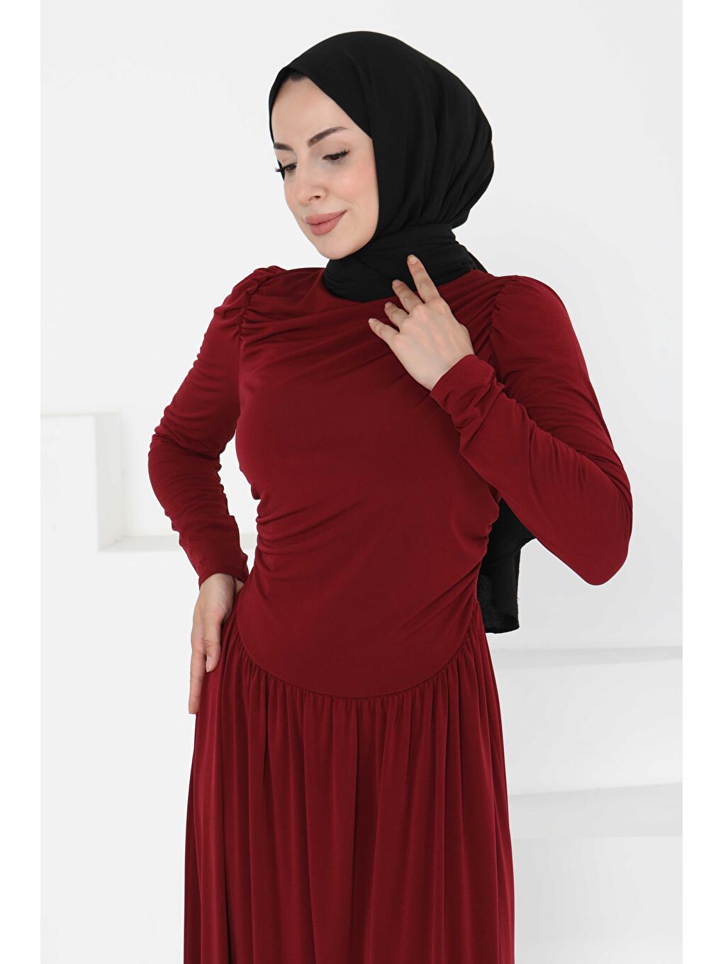 Büzgülü Elbise Bordo - 27254-2