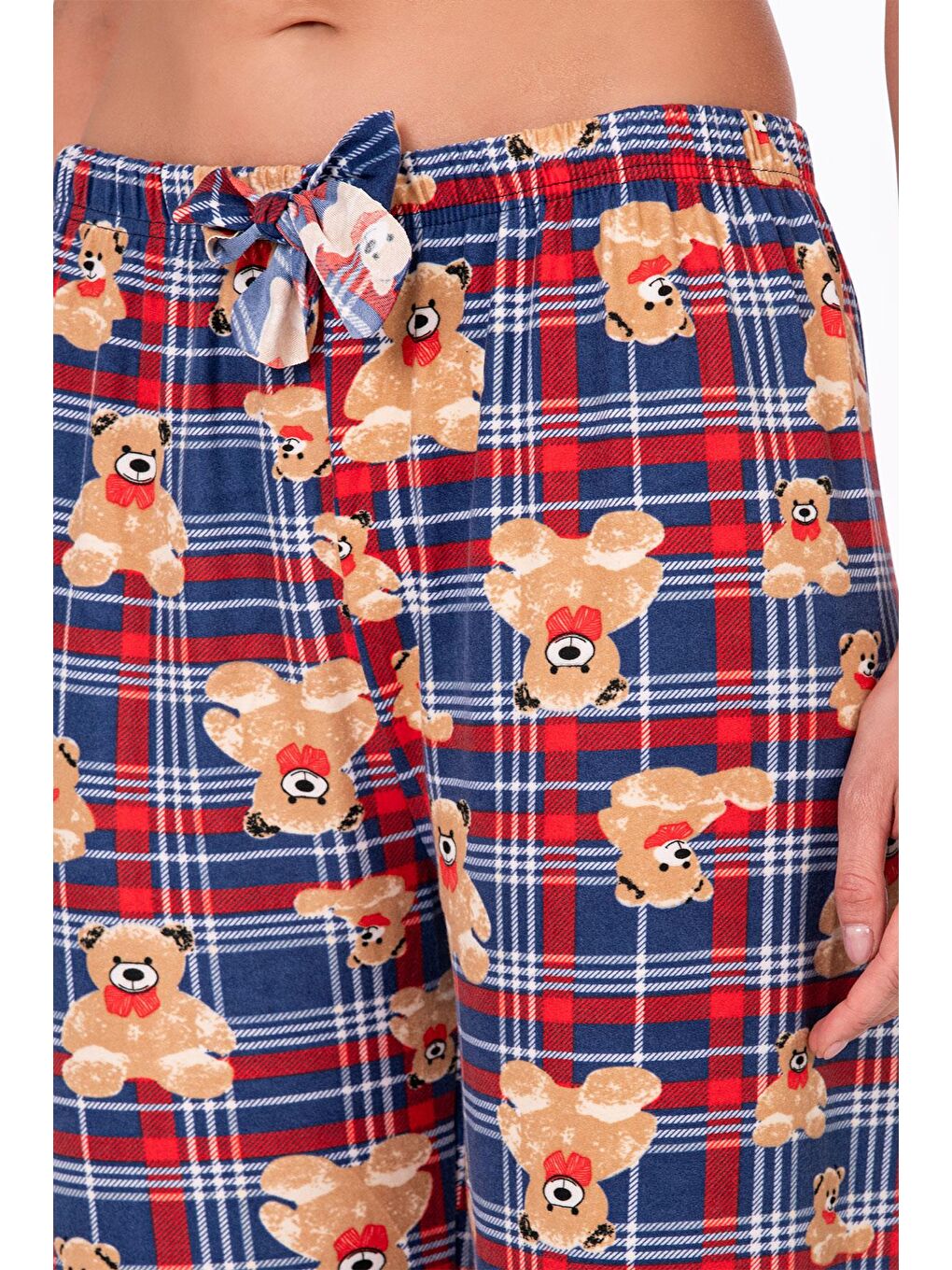 Lacivert Kadın Süet Kareli Ayıcık Desenli Pijama Tek Alt-1