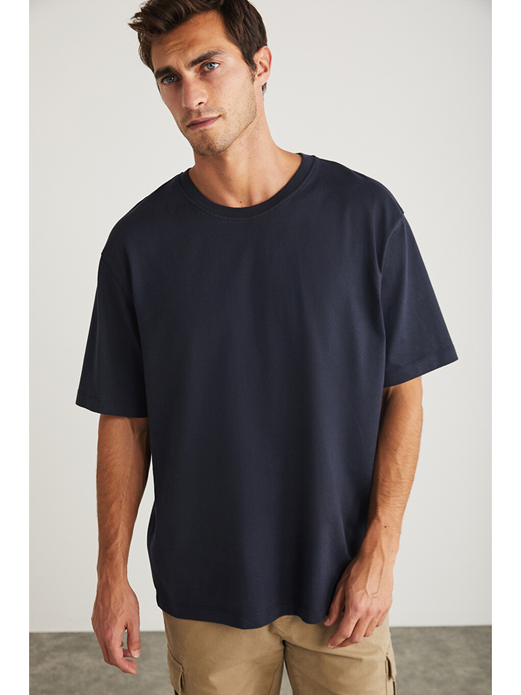 Blas Erkek Basic Oversize %100 Pamuklu Organik Pamuklu Örme Bisiklet Yaka Lacivert T-shirt-3