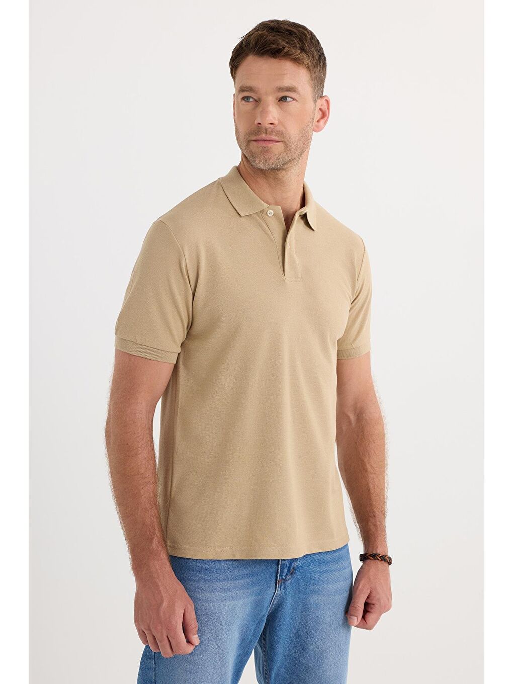 Erkek Slim Fit Dar Kesim Pamuklu Yumuşak Dokulu Serin Tutan Kumaş Düz Pike Bej Polo Yaka Tişört-4