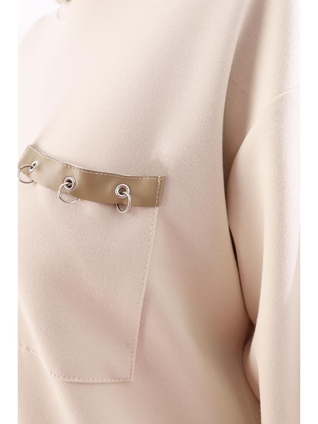 Açık Bej-Deri Detaylı Tunik-4