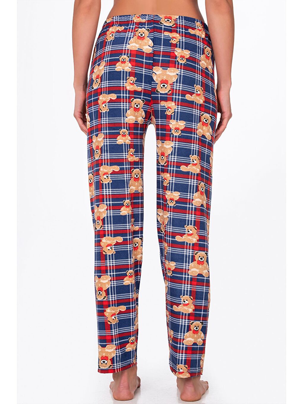 Lacivert Kadın Süet Kareli Ayıcık Desenli Pijama Tek Alt-2