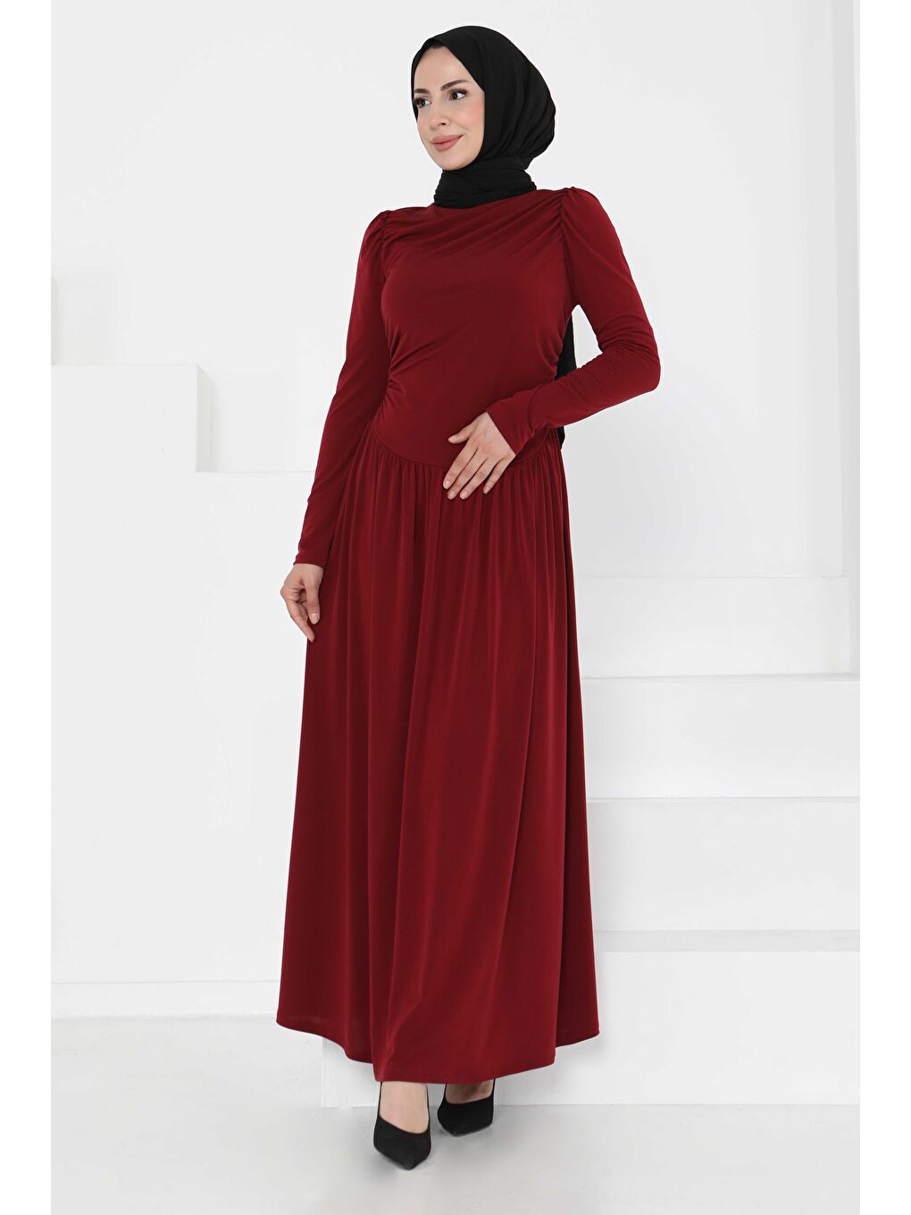 Büzgülü Elbise Bordo - 27254-3