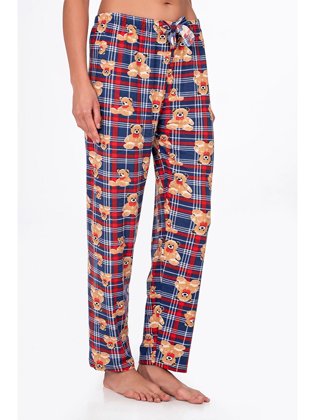 Lacivert Kadın Süet Kareli Ayıcık Desenli Pijama Tek Alt-3