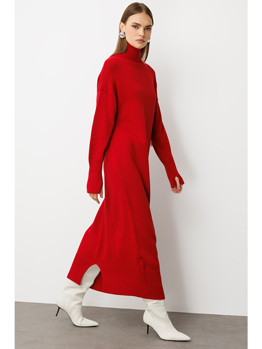 Oversize Dik Yaka Kırmızı Uzun Kalın Triko Elbise-1