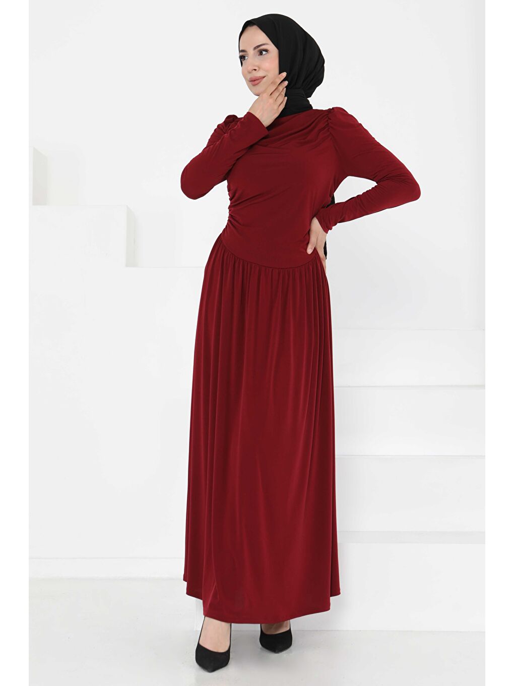 Büzgülü Elbise Bordo - 27254-4