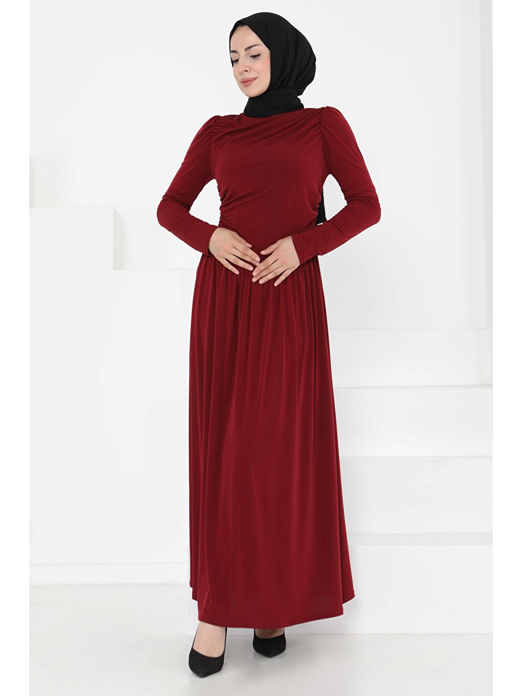 Büzgülü Elbise Bordo - 27254-5