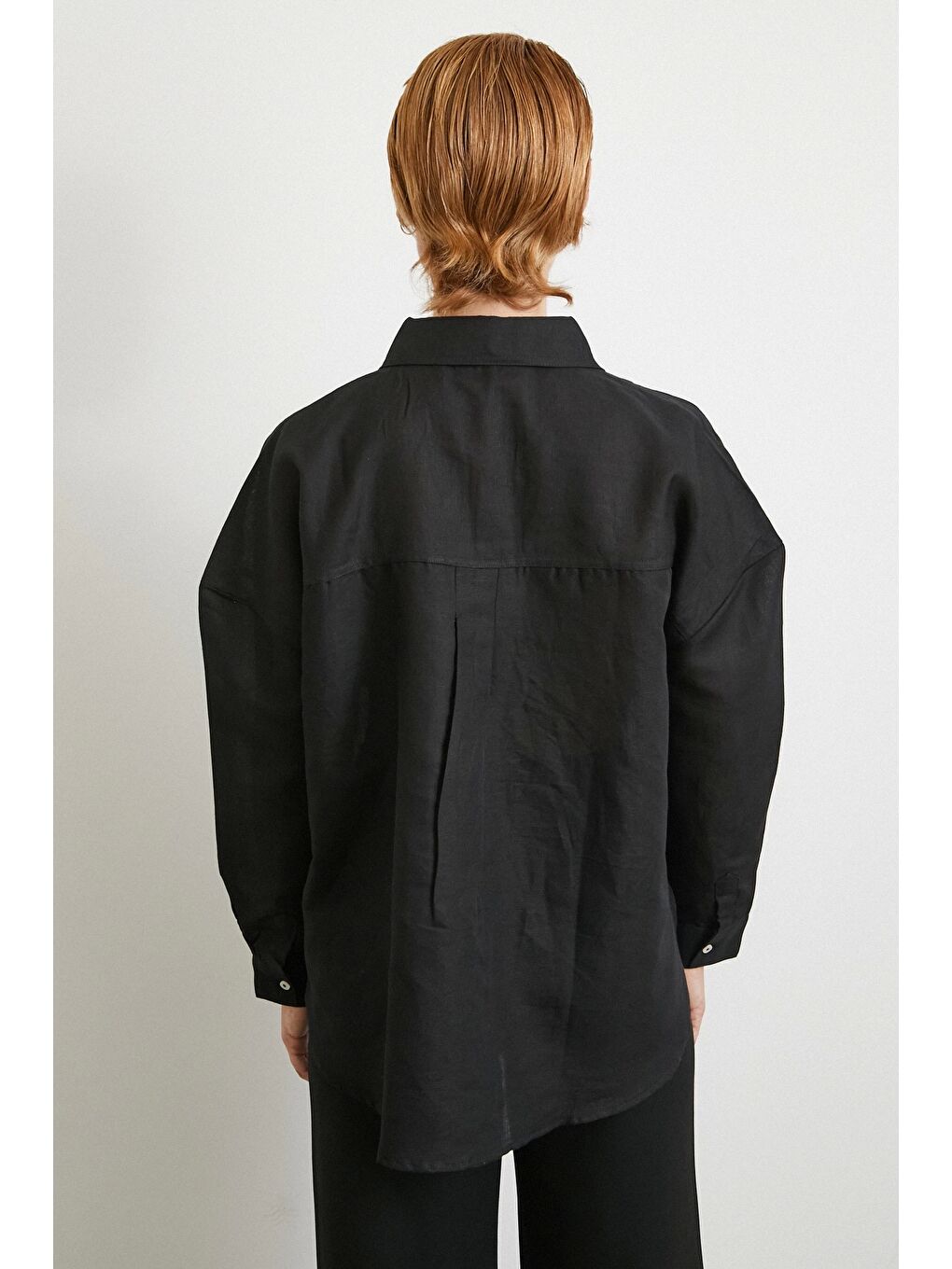 Cepli Oversize Keten Gömlek Siyah-5