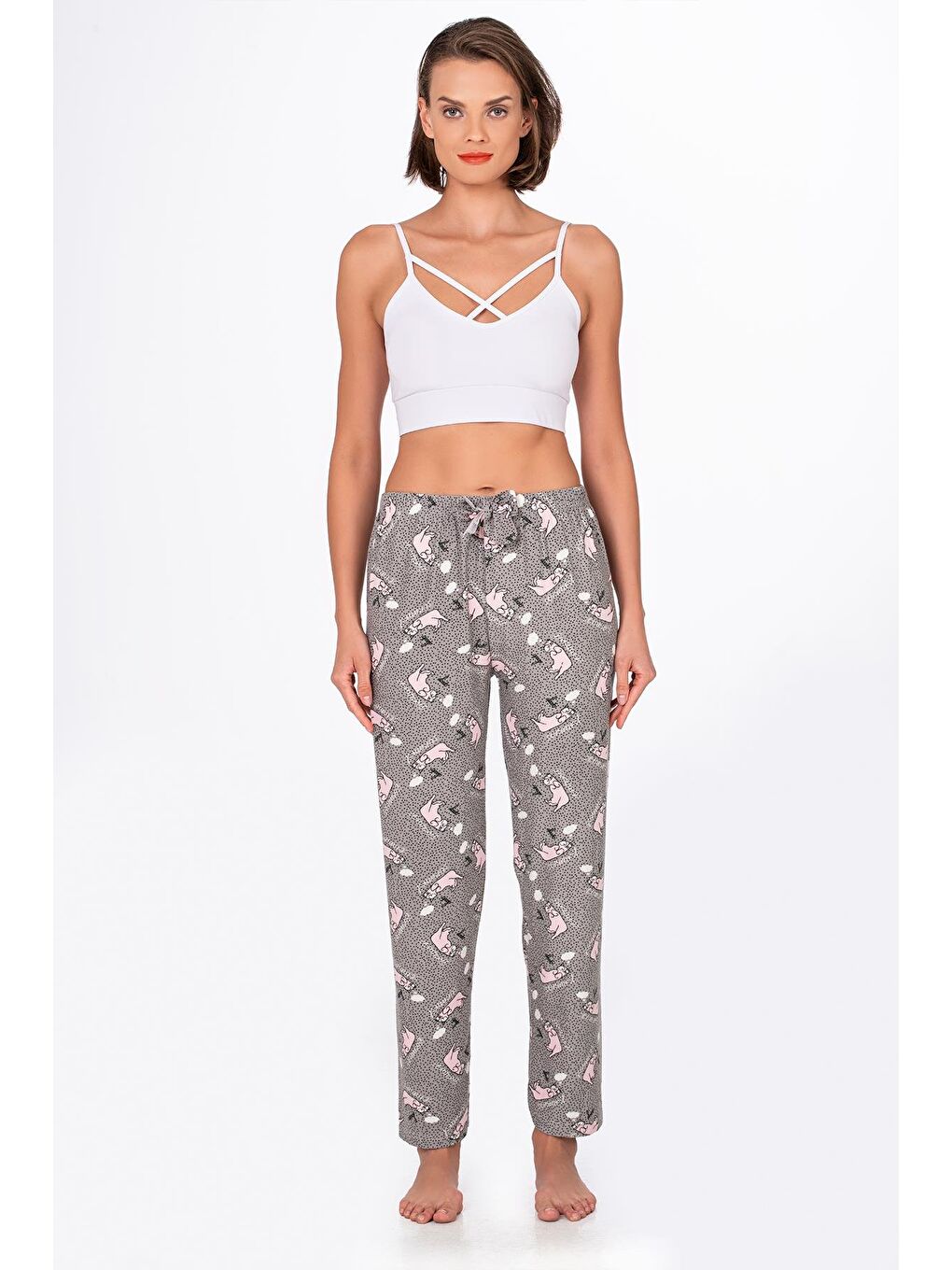 Gri Kadın Süet Kedi Desenli Pijama Tek Alt