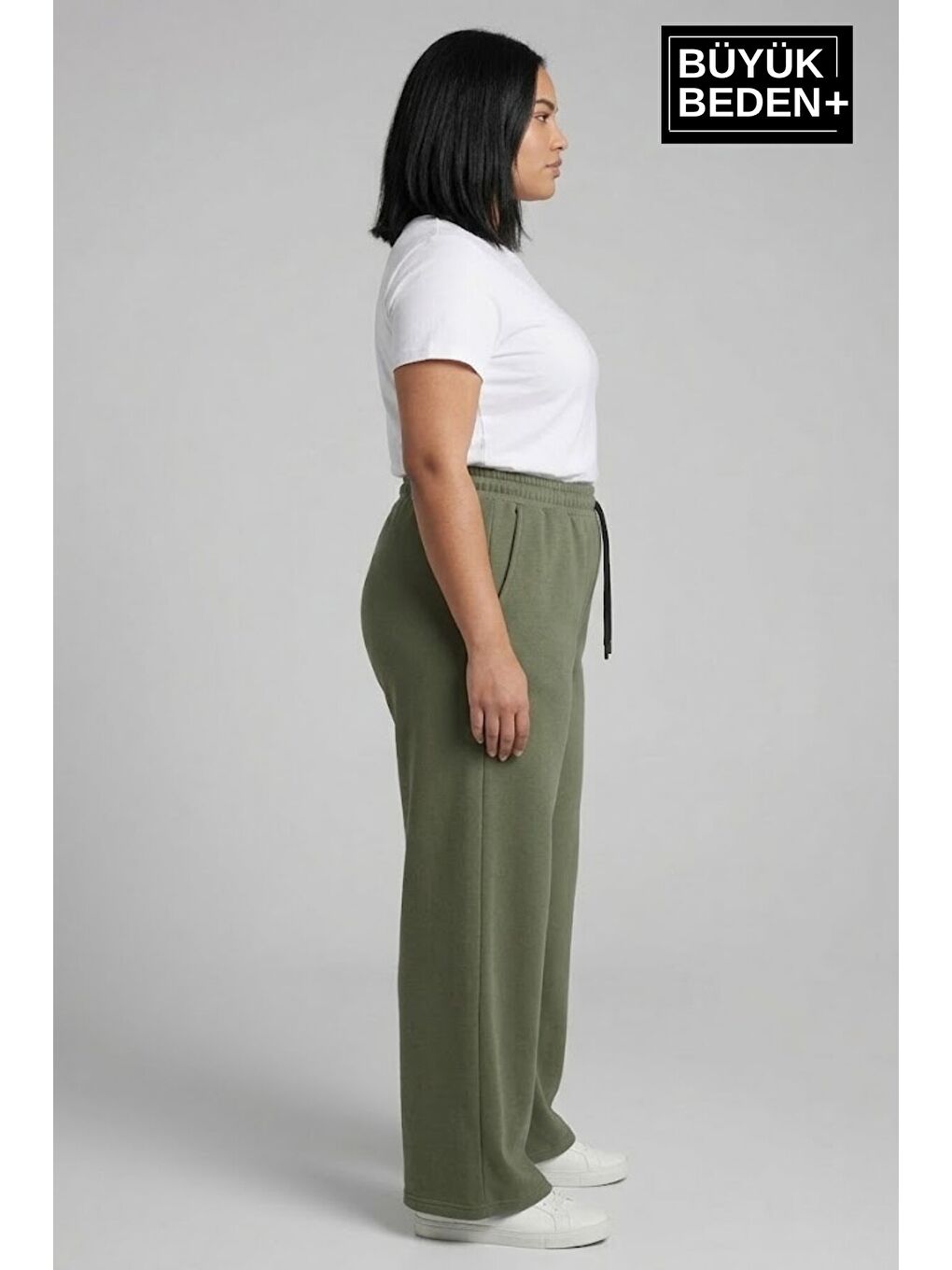 Haki Kadın Büyük Beden Bol Paça Yüksek Bel Lastikli NewYork Baskılı Eşofman Altı SPR26BEA988-5-1
