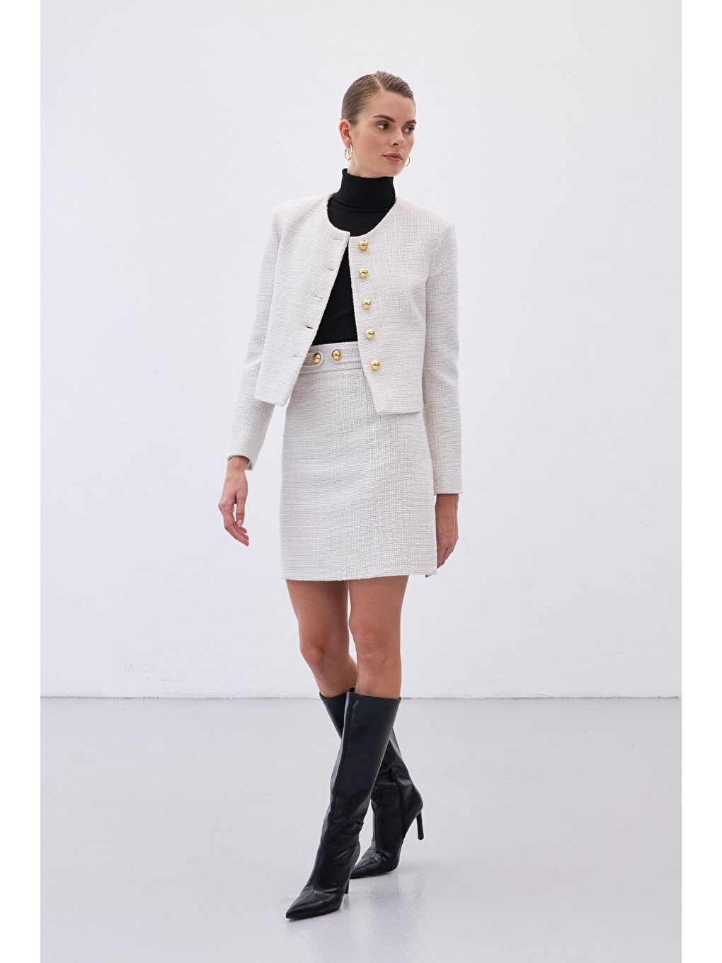 Bej Düğme Detaylı Mini Tüvit Etek - Taş