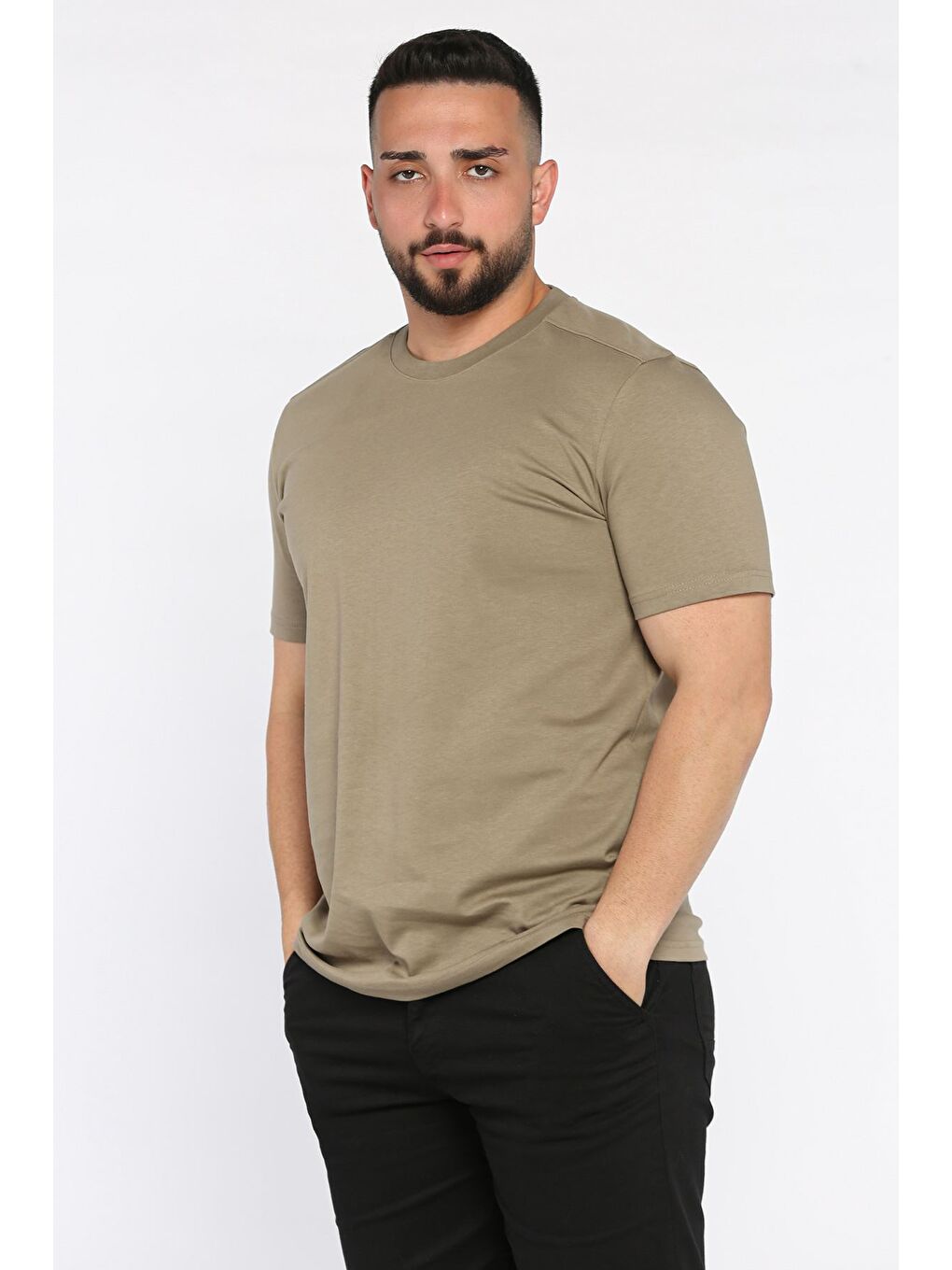 Bej Erkek Bisiklet Yaka Tişört-1