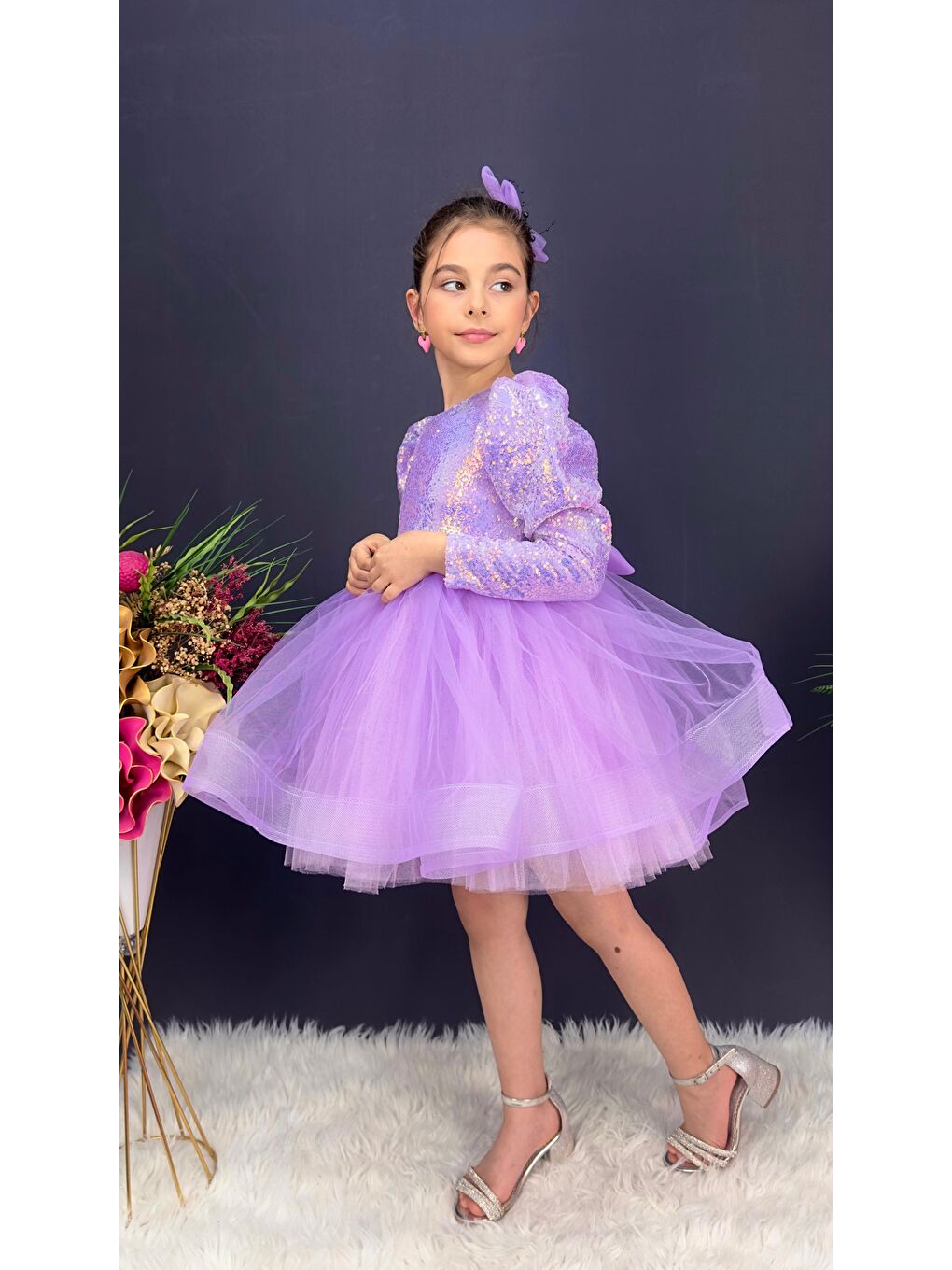 Lila Tütü Gren Etekli Kız Çocuk Pul Payetli Uzun Kol Kikidi Elbise MNK0583-1