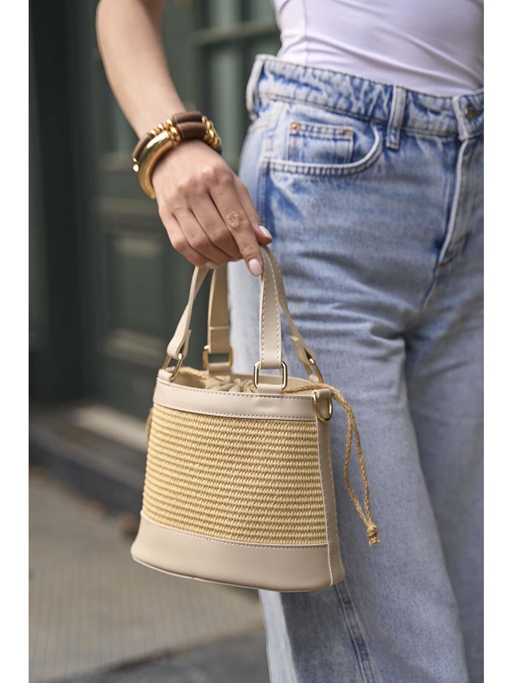 Ekru Bohem Tarzı Kova El Ve Omuz Çantası Krem Hasır