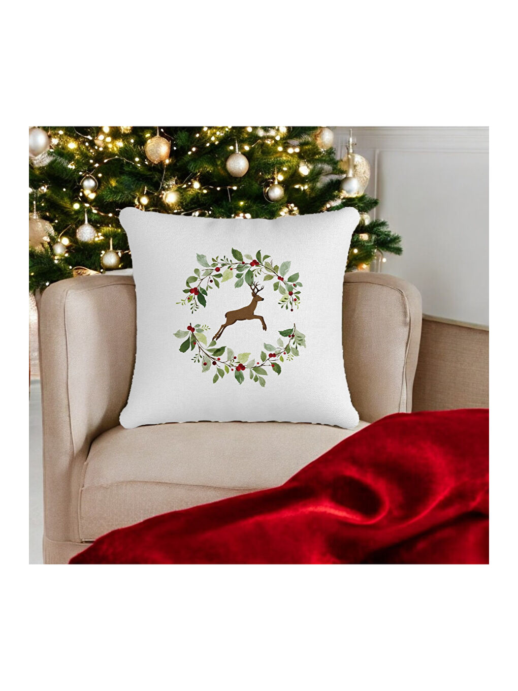 Kahverengi Yılbaşı Temalı Kokina Çelenk Ren Geyiği Desenli Dekoratif Kırlent Kılıfı  Beyaz-43x43-1