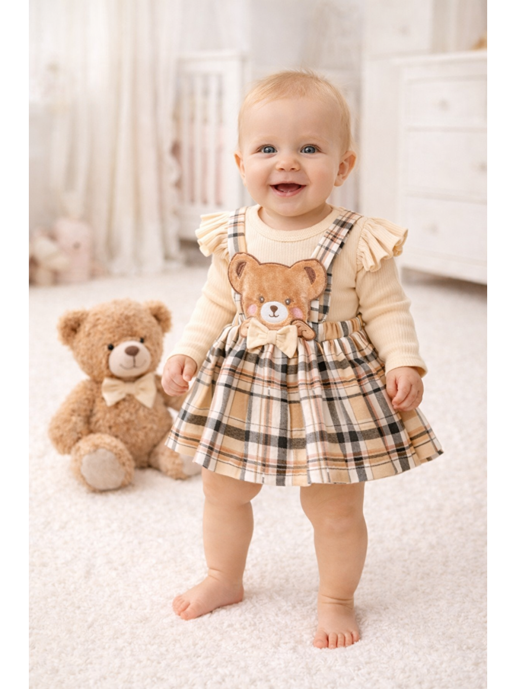 Bej Kız Bebek 2li Badili Etekli Salopet Takımı Uzun Kollu Ayıcık Detaylı Yeni Sezon Pamuklu Bayramlık-1