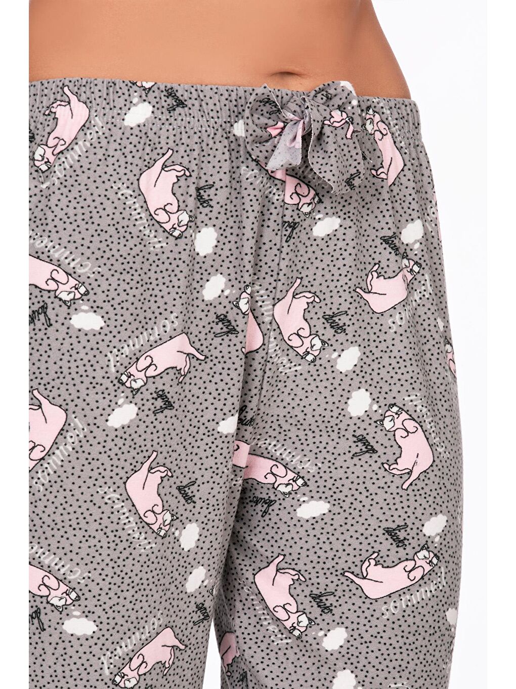 Gri Kadın Süet Kedi Desenli Pijama Tek Alt-1