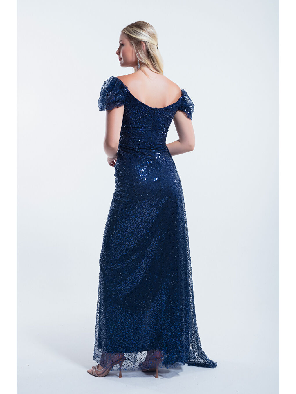 Kadın Lacivert Kayık Yaka Kuyruklu Uzun Abiye Elbise-4