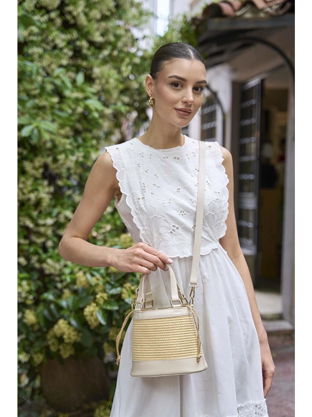 Ekru Bohem Tarzı Kova El Ve Omuz Çantası Krem Hasır-1