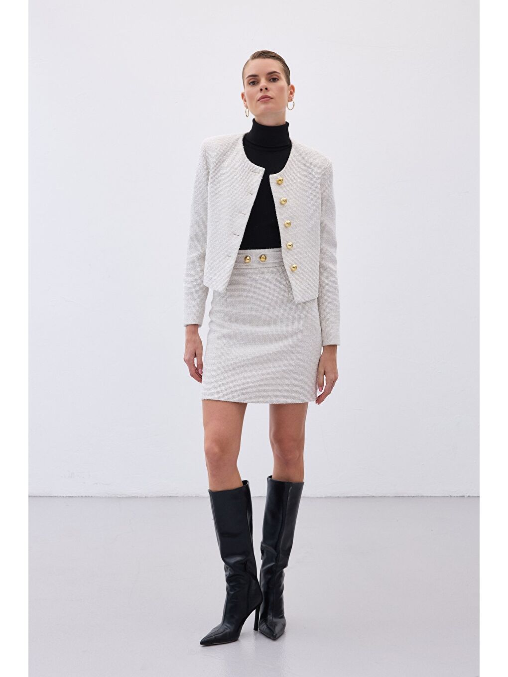 Bej Düğme Detaylı Mini Tüvit Etek - Taş-2