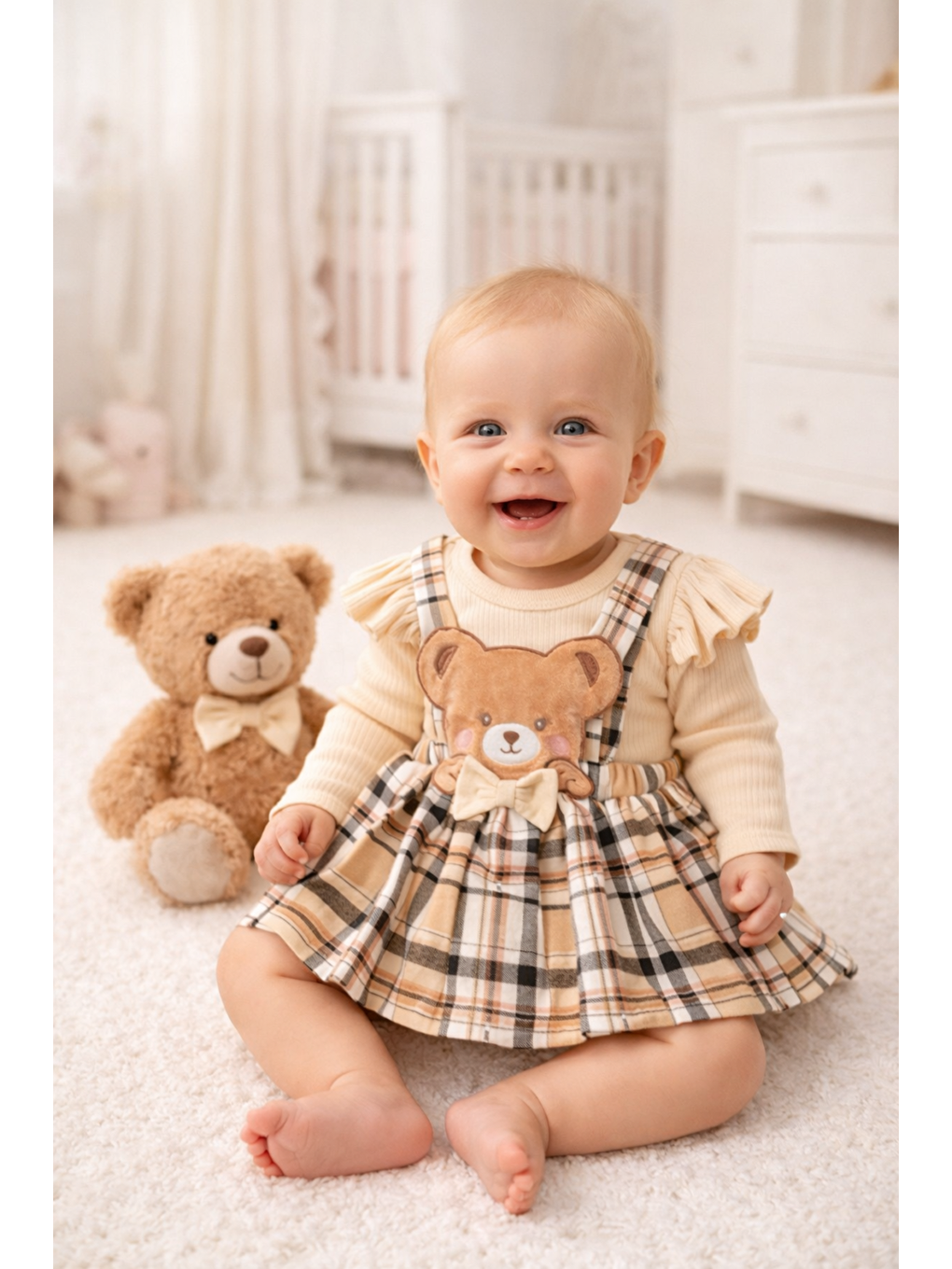 Bej Kız Bebek 2li Badili Etekli Salopet Takımı Uzun Kollu Ayıcık Detaylı Yeni Sezon Pamuklu Bayramlık-2